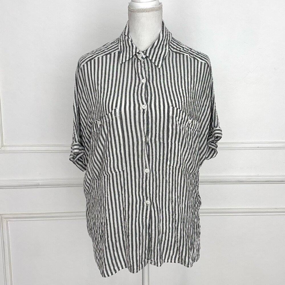 Max Studio Womens Large Grey White Striped Button Down Shirt Linen Blend Coastal